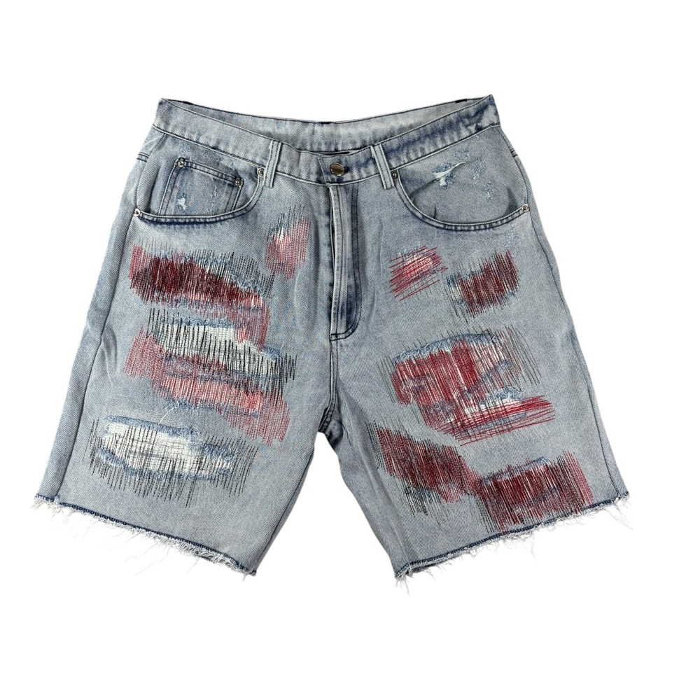 Retro Vert Mens Embroidered Denim Shorts Light Wash Distressed Sashiko Blue L